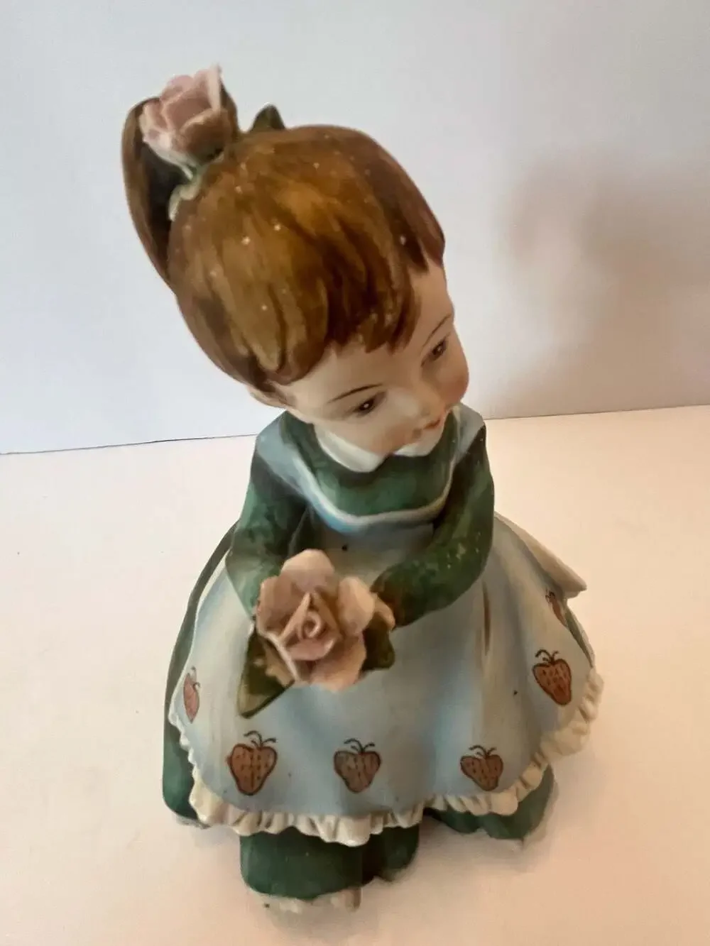 Vintage Lefton China Girl Figurine Holding Rose with Strawberries Dress KW340A